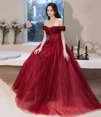 Burgundy tulle beads long prom Dresses evening Dresses