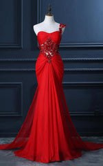 Trumpet Mermaid One Shoulder Chiffon Appliques Lace Beading Red Long Prom Dresses