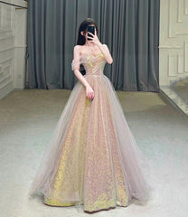 Shiny tulle sequins long prom Dresses eveing Dresses