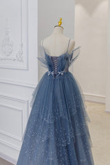 Blue Tulle Perlen Langes Ballkleid Kleid Blaues formelles Kleid