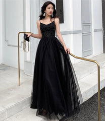 Black tulle beads long prom Dresses A line evening Dresses