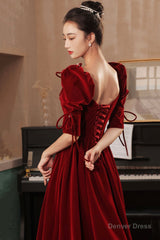 Burgundy velvet long prom dress A-line evening dress