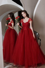 Red tull beads long prom Dresses A line evening Dresses