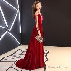 Burgundy v neck velvet long prom dress