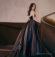 Black velvet satin long prom dress A line evening gown