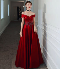 Burgundy satin beads long prom Dresses evening Dresses