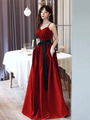 Burgundy Spaghetti Strap Velvet Long A-Line Prom Dresses