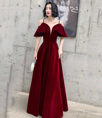 Burgundy velvet long prom dress A line evening dress