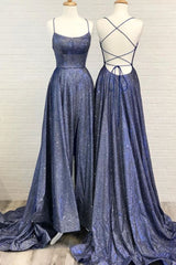 Shiny Navy Blue Sequin A Line Long Prom Dresses With Slit