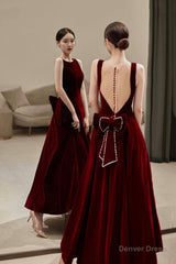 Burgundy velvet long A line prom dress with bow