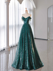 New A-Line Dark Green Prom Dresses, Off-The-Shoulder Prom Dresses With Cape, Sweeping Tail Prom Dresses