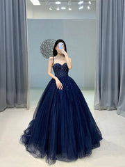 Blue Tulle Beads Long A-Line Prom Party Dresses