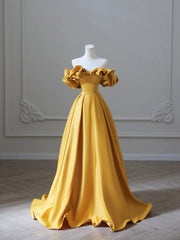 Yellow Saitn Long Prom Dresses, Off Shoulder Evening Party Dresses