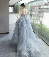 Gray Tulle Spaghetti Strap Long Prom Dresses, Gray V-Neck Evening Dresses