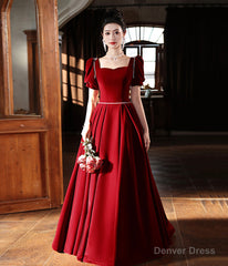 Burgundy Velvet Floor Length Prom Dress, A-Line Short Sleeve Evening Dress