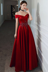 Burgundy satin beads long prom Dresses evening Dresses