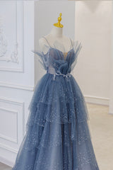 Blue Tulle Perlen Langes Ballkleid Kleid Blaues formelles Kleid