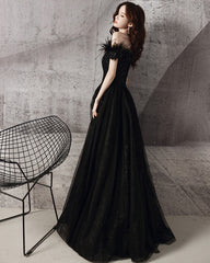 Black tulle beads long A line prom Dresses evening Dresses