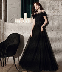 Black tulle beads long A line prom Dresses evening Dresses