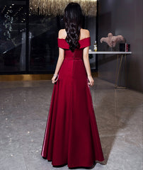 Shiny satin long prom Dresses burgundy evening Dresses