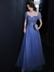 Blue Tulle Beads Long Prom Dresses, Beautiful Short Sleeve Evening Party Dresses