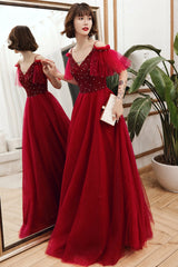 Burgundy tulle beads long A line prom Dresses evening Dresses