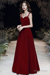 Burgundy velvet long A line prom dress evening dress