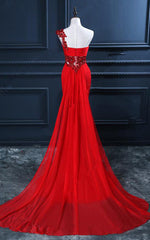 Trumpet Mermaid One Shoulder Chiffon Appliques Lace Beading Red Long Prom Dresses