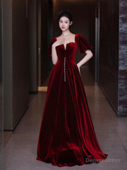 Burgundy Velvet Long A-Line Prom Dress