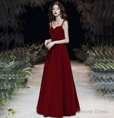 Red velvet long prom dress Simple evening gown