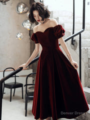 Burgundy velvet short prom dress party dress