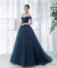 Elegant Tulle Long A-Line Prom Dress, Blue Off the Shoulder Evening Party Dress