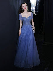 Blue Tulle Beads Long Prom Dresses, Beautiful Short Sleeve Evening Party Dresses