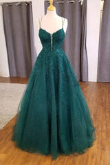 A-Line Hunter Green Floral Prom Dresses Appliques Straps Evening Gown