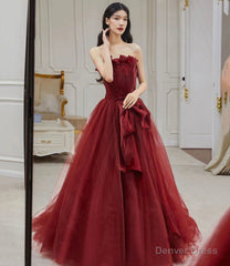 Burgundy tulle long A line ball gown dress formal dress