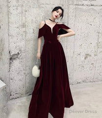 Burgundy velvet long prom dress A line evening gown