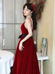 Burgundy Spaghetti Strap Velvet Long A-Line Prom Dresses