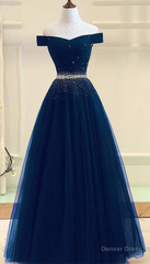 Blue Prom Dresses,tulle Prom Gown,off Shoulder Prom Dresses,long Prom Dress,a Line Evening Dress