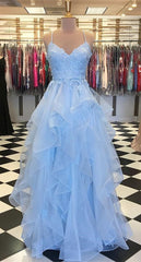 Blue sleeveless prom Dresses,applique spaghetti-straps v-neck evening Dresses,tulle lace ruffles party Dresses