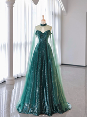 New A-Line Dark Green Prom Dresses, Off-The-Shoulder Prom Dresses With Cape, Sweeping Tail Prom Dresses