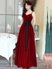 Burgundy Spaghetti Strap Velvet Long A-Line Prom Dresses