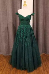 Off-the-Shoulder Cheap Hunter Green Formal Dresses Floral Appliques Prom Dresses