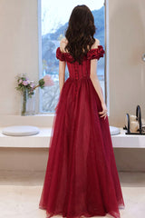 Burgundy tulle beads long prom Dresses evening Dresses