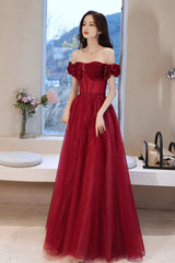 Burgundy tulle beads long prom Dresses evening Dresses