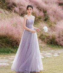 Purple tulle beads long prom Dresses A line evening Dresses