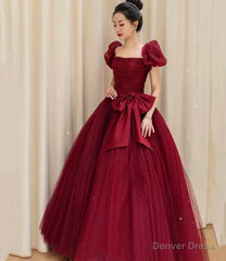 Burgundy tulle long ball gown dress formal dress