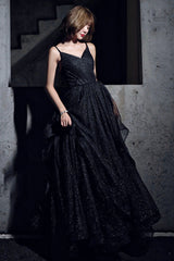 Black Simple v neck tulle long prom Dresses A line evening Dresses