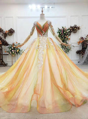 Find Plenty Of Champagne Ball Gown Tulle Long Sleeve V-neck Appliques Wedding Dresses