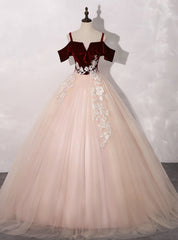 Find Your Dresses For Prom! Burgundy Velvet Pink Tulle Spagehtti Straps Appliques Quinceanera Dresses