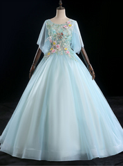 Find Your Dresses For Prom! Light Blue Ball Gown Tulle Short Sleeve Appliques Quinceanera Dresses